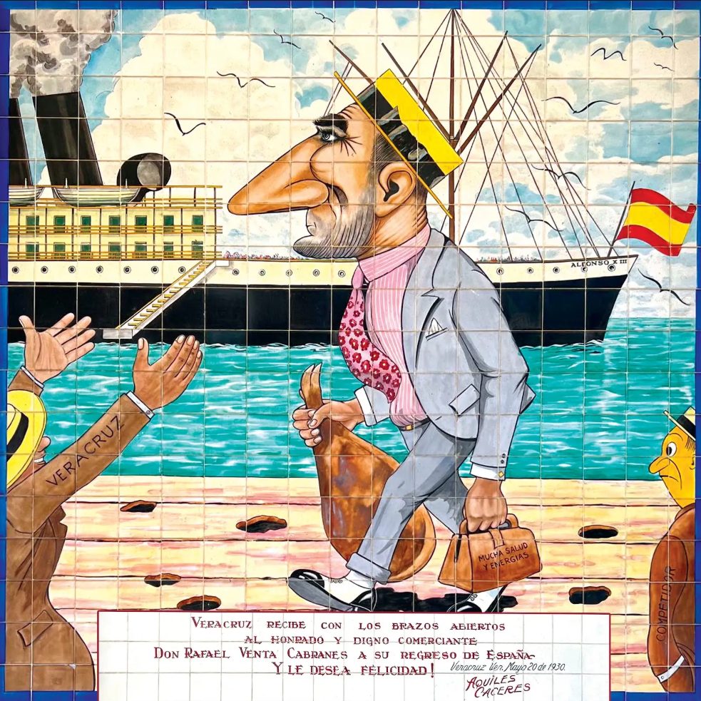 Mural en azulejo de Aquiles Cáceres: Don Rafael Venta Cabranes desembarca en Veracruz con un jamón y una maleta que dice Mucha salud y energías